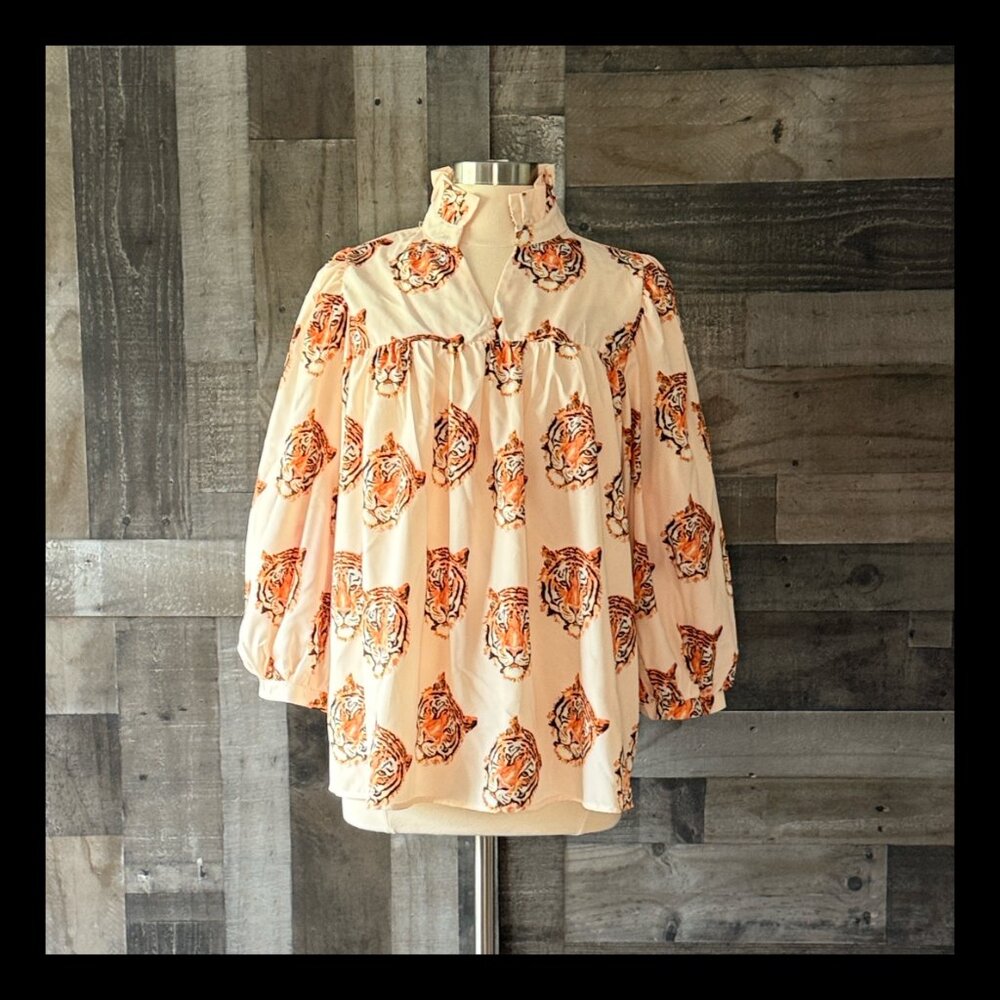 Boho tiger peasant top medium bishop sleeves festival business casual glam